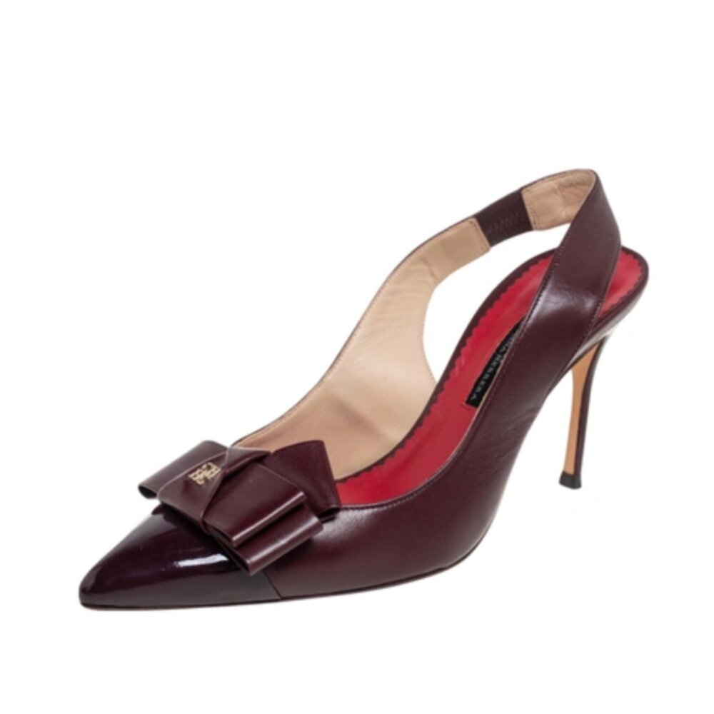 Carolina Herrera Burgundy Leather Bow Slingback Heels Pointed Toe 37